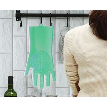 Y-LIFE Magic Wash Gloves, Reusable Silicone Dishwashing Gloves with Scrubbers for Kitchen, Bathroom Cleaning, Pet Hair Care, Car Washing, 2 Pair, Green