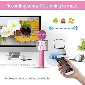 Wireless Bluetooth Karaoke Microphone Machine,Portable Handheld Karaoke Bluetooth Handheld Karaoke Speaker Player Machine for Kids Adults Home KTV Party for Android/iOS/Ipad/Pc Girl Boy (Pink)