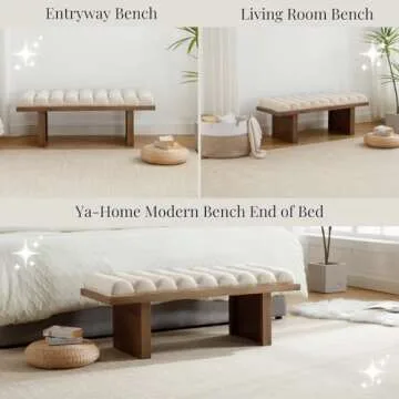 Ya-Home Modern Classic Bench, 47.25” Upholstered Linen End of Bed Bench Entryway Bench with Cylindrical Cushion Black Wooden Base for Living Room Bedroom, Beige