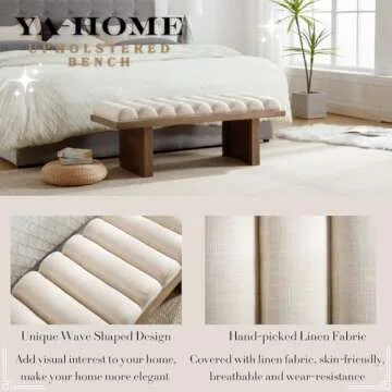 Ya-Home Modern Classic Bench, 47.25” Upholstered Linen End of Bed Bench Entryway Bench with Cylindrical Cushion Black Wooden Base for Living Room Bedroom, Beige