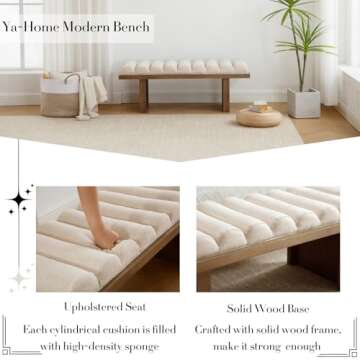 Ya-Home Modern Classic Bench, 47.25” Upholstered Linen End of Bed Bench Entryway Bench with Cylindrical Cushion Black Wooden Base for Living Room Bedroom, Beige