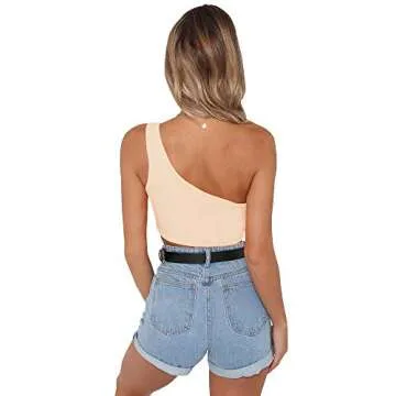 PRETTODAY Women's Sleeveless Crop Tops Sexy One Shoulder Strappy Tees Basic Crop Tank Top Light Apricot
