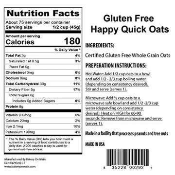 Bakery On Main Quick Oats - Gluten Free, Non-GMO Project Verified, Kosher, Resealable Bag, 7.5lb (Pack of 1)