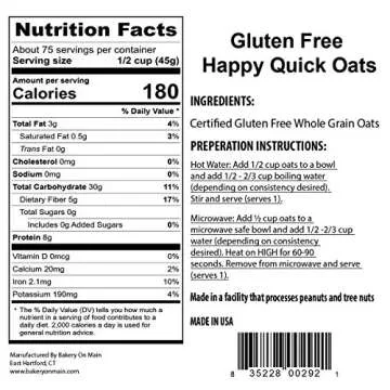 Bakery On Main Quick Oats - Gluten Free, Non-GMO Project Verified, Kosher, Resealable Bag, 7.5lb (Pack of 1)