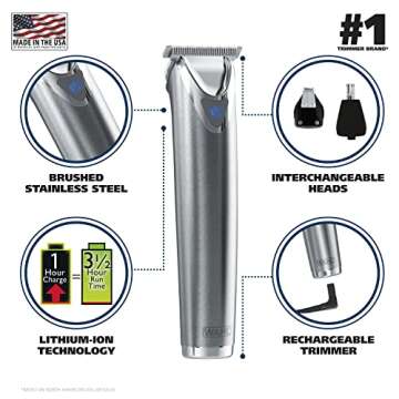 Wahl USA Stainless Steel Lithium-Ion Cordless Beard Trimmer for Men - Rechargeable All in One Men's Beard Trimmer with Rotary Ear & Nose Trimmer, & Detail Trimmer - Model 9818A