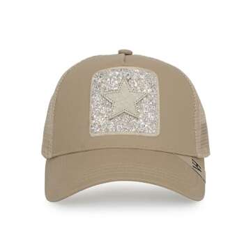 VINTAGE HAVANA Dream Beige Tan Trucker Hats Women Crocodile Star Multi Colored Glitter Patch | Mesh ...