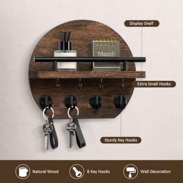 Nekon Key Holder for Wall - 9.8 Inch Apartment Wall Decor with Shelf and 8 Key Hooks, Circular Wood Key Hanger for Home Decor (Brown)