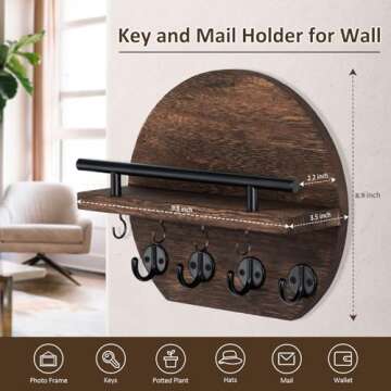 Nekon Key Holder for Wall - 9.8 Inch Apartment Wall Decor with Shelf and 8 Key Hooks, Circular Wood Key Hanger for Home Decor (Brown)