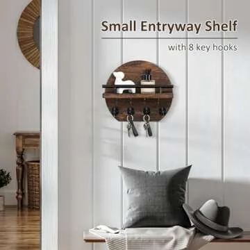Nekon Key Holder for Wall - 9.8 Inch Apartment Wall Decor with Shelf and 8 Key Hooks, Circular Wood Key Hanger for Home Decor (Brown)