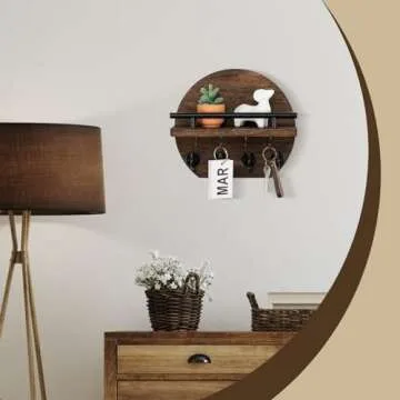 Nekon Key Holder for Wall - 9.8 Inch Apartment Wall Decor with Shelf and 8 Key Hooks, Circular Wood Key Hanger for Home Decor (Brown)