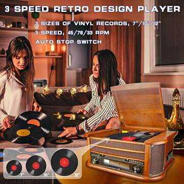 BIGMONAT Record Player Vinyl Turntable Stereo Bookshelf Speakers, Vintage Hi-Fi System with Magnetic...