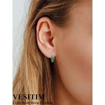 Vesitim Celtic Knot Hoop Earrings 925 Sterling Silver Heart Huggie Earring Created Emerald Jewelry G...