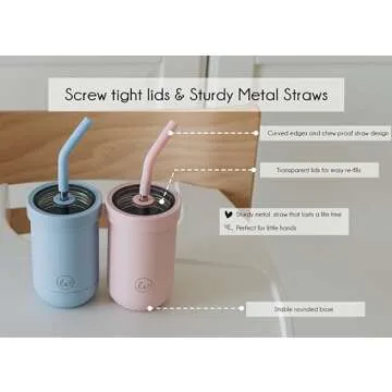 LITTLE ECOS Double walled insulated stainless steel kids & toddler cups with straws and lids | Best Sippy cups with straw for boys 1+ year old | Holds 12oz capacity - On the Go Travel containers