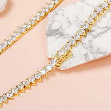 GMESME 3 Prong 18K Yellow Gold Plated Cubic Zirconia Classic Tennis Necklace for Women and Men (18 Inch)
