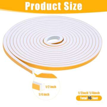16Feet Weather Stripping Seal (1/2 Inch X 1/4 Inch) for Door Window, High Density Foam Tape, Soundpr...