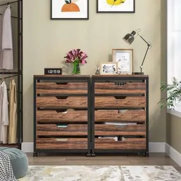 Tribesigns 5 Drawer Chest, Wood Storage Dresser Cabinet with Wheels, Industrial Storage Drawer Organizer Cart for Office Bedroom Entryway (Rustic Brown, 1 PC)