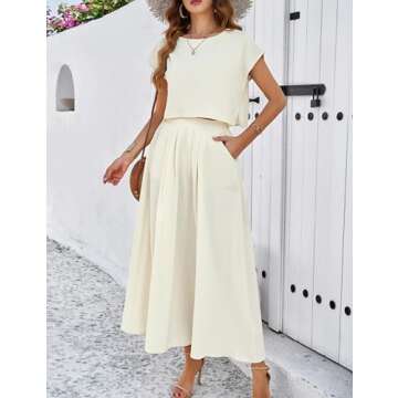 HangNiFang Summer Skirt Sets Women 2 Piece Outfits Cap Sleeve Top Elastic Waist 2025 Maxi Dress Sets with Pockets(1218-Beige-S)