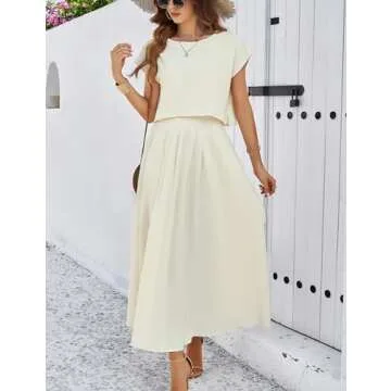 HangNiFang Summer Skirt Sets Women 2 Piece Outfits Cap Sleeve Top Elastic Waist 2025 Maxi Dress Sets with Pockets(1218-Beige-S)