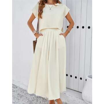 HangNiFang Summer Skirt Sets Women 2 Piece Outfits Cap Sleeve Top Elastic Waist 2025 Maxi Dress Sets with Pockets(1218-Beige-S)
