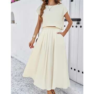 HangNiFang Summer Skirt Sets Women 2 Piece Outfits Cap Sleeve Top Elastic Waist 2025 Maxi Dress Sets with Pockets(1218-Beige-S)