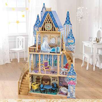KidKraft Disney® Princess Cinderella Royal Dream Wooden Castle Dollhouse, Over 4 Feet Tall with 12 Pieces, Blue, Gift for Ages 3+