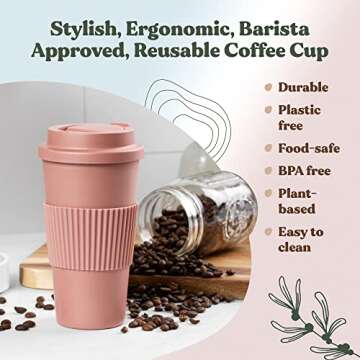 FEBU Plant-Based Reusable Coffee Cup With Lid and Sleeve | 16oz, Dusty Rose | Portable Travel Mug Made From Bamboo | Dishwasher Safe, Zero Waste, Plastic Free With Leak-Proof Screw-On Lid