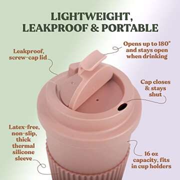 FEBU Plant-Based Reusable Coffee Cup With Lid and Sleeve | 16oz, Dusty Rose | Portable Travel Mug Made From Bamboo | Dishwasher Safe, Zero Waste, Plastic Free With Leak-Proof Screw-On Lid