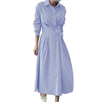 Ladyful Striped Shirt Dress for Women - Casual Long Sleeve Elegant Maxi Dress in Blue
