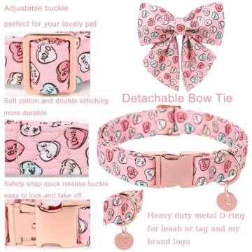 UP URARA PUP Valentine’s Dog Collar with Bow Tie, Pink Heart Bowtie Collar with Metal Buckle, Vale...