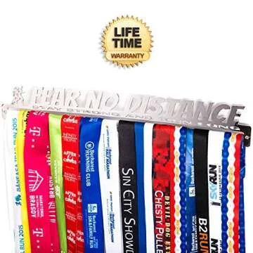 Medal Display + Fear No Distance + Medal Display Rack for 30+ Medals + for Marathon, Running, Race, Sports Medals - Silver
