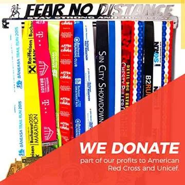 Medal Display + Fear No Distance + Medal Display Rack for 30+ Medals + for Marathon, Running, Race, Sports Medals - Silver