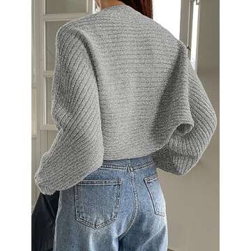 Verdusa Women's Casual Long Sleeve Open Front Crop Sweater Cardigan Bolero Shrug Heather Grey L