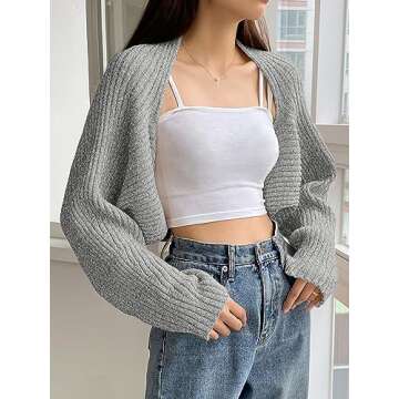Verdusa Women's Casual Long Sleeve Open Front Crop Sweater Cardigan Bolero Shrug Heather Grey L