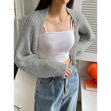 Verdusa Women's Casual Long Sleeve Open Front Crop Sweater Cardigan Bolero Shrug Heather Grey L
