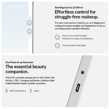 HUGOAI Travel Makeup Mirror with Light - 11.9" True Color Lighted Mirror, 2000mAh Rechargeable Portable Foldable 100 Led Compact Mirror, 3 Color Lighting Modes