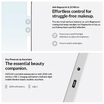 HUGOAI Travel Makeup Mirror with Light - 11.9" True Color Lighted Mirror, 2000mAh Rechargeable Portable Foldable 100 Led Compact Mirror, 3 Color Lighting Modes