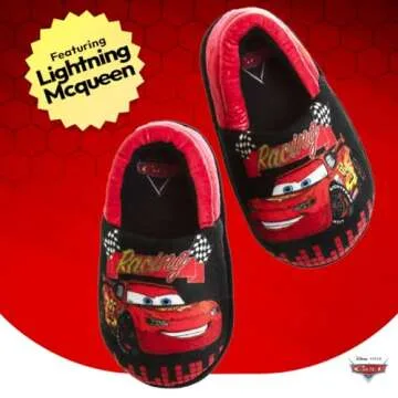 Disney Pixar Cars Lightning McQueen Slippers - Boys PJ House Shoes Pajama Indoor Warm Kids Slipper - Red Black (size 5-6 Toddler)