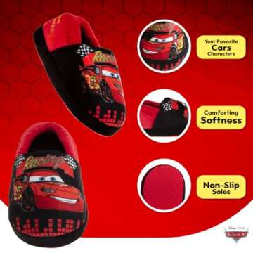 Disney Pixar Cars Lightning McQueen Slippers - Boys PJ House Shoes Pajama Indoor Warm Kids Slipper - Red Black (size 5-6 Toddler)