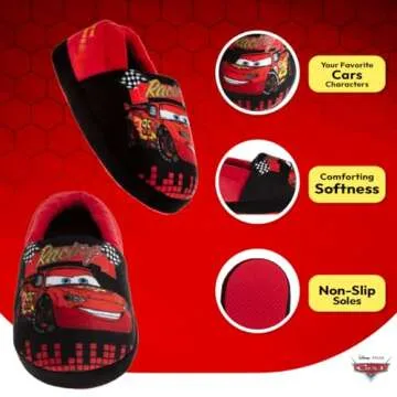 Disney Pixar Cars Lightning McQueen Slippers - Boys PJ House Shoes Pajama Indoor Warm Kids Slipper - Red Black (size 5-6 Toddler)