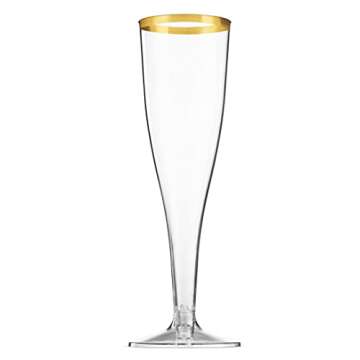 Munfix 50 Pack Gold Rimmed Plastic Champagne Flutes - Elegant & Disposable!