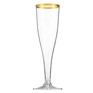 Munfix 50 Pack Gold Rimmed Plastic Champagne Flutes - Elegant & Disposable!