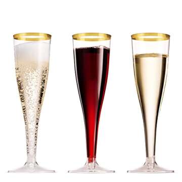 Munfix Gold Rimmed Plastic Champagne Flutes - 50 Pack