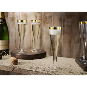 Munfix Gold Rimmed Plastic Champagne Flutes - 50 Pack