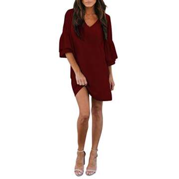 BELONGSCI Women's 2023 Summer Dress Sweet & Cute V-Neck Bell Sleeve Shift Dress Mini Dress, Perfect for Wedding or Graduation