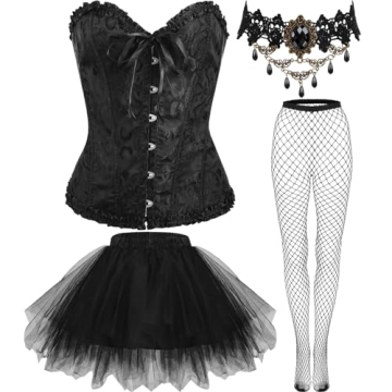Newcotte 4 Pcs Halloween Steampunk Witch Costume for Women Lace Boned Corset Tutu Skirt Lace Choker ...