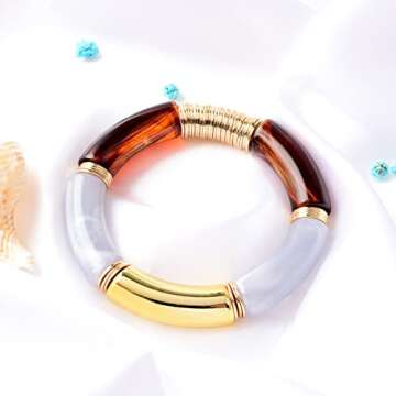 GOOJIDS Bamboo Tube Bangles Bracelet Chunky Curved Stacking Clear Acrylic Colorful Beads Stretchable Friendship Gold Bracelets Gift For Women (N-Gold Disc&Gray Tube)