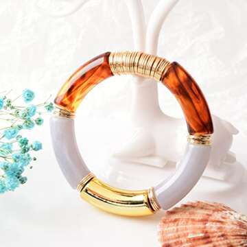 GOOJIDS Bamboo Tube Bangles Bracelet Chunky Curved Stacking Clear Acrylic Colorful Beads Stretchable Friendship Gold Bracelets Gift For Women (N-Gold Disc&Gray Tube)