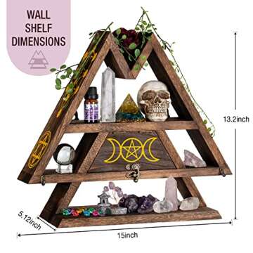Pracaniz Crystal Shelf with Flap Drawer&Hooks for Wall&Desktop, Moon Shelf for Crystal Holder as Witchy Room Decor,Moon Phase Triangle Shelf,Boho Room Decor&Vintage Room Decor.