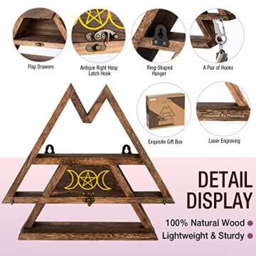 Pracaniz Crystal Shelf with Flap Drawer&Hooks for Wall&Desktop, Moon Shelf for Crystal Holder as Witchy Room Decor,Moon Phase Triangle Shelf,Boho Room Decor&Vintage Room Decor.