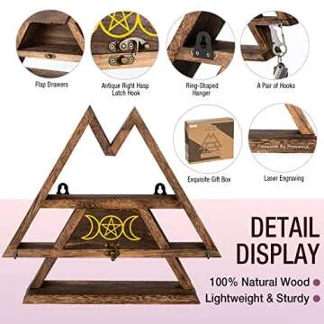 Pracaniz Crystal Shelf with Flap Drawer&Hooks for Wall&Desktop, Moon Shelf for Crystal Holder as Witchy Room Decor,Moon Phase Triangle Shelf,Boho Room Decor&Vintage Room Decor.